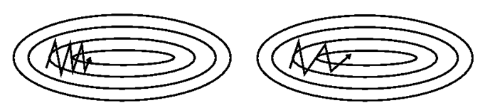 图6 无动量的SGD（左）与带动量的SGD（右）